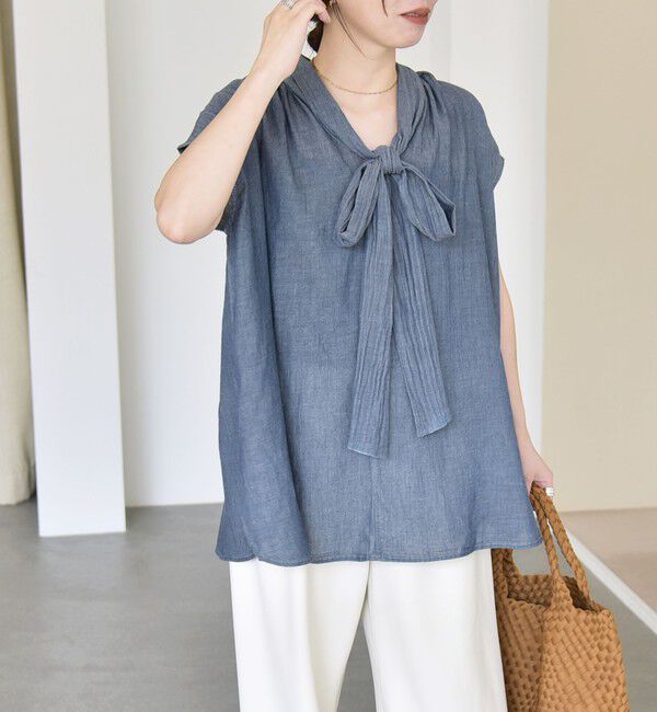 quaranciel「quaranciel:〈手洗い可能〉シアー デニム ボウタイ フレンチスリーブ ブラウス」|シャツ・ブラウス|