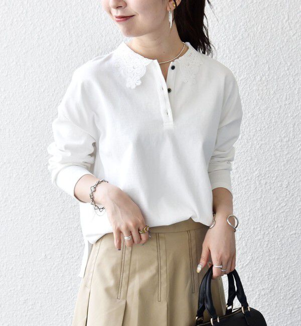 SHIPS any「《予約》SHIPS any:〈洗濯機可能〉レース カラー ロングスリーブ ポロ プルオーバー」|Tシャツ・カットソー|
