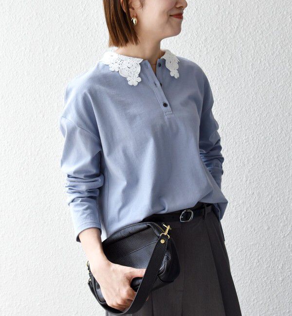 SHIPS any「《予約》SHIPS any:〈洗濯機可能〉レース カラー ロングスリーブ ポロ プルオーバー」|Tシャツ・カットソー|