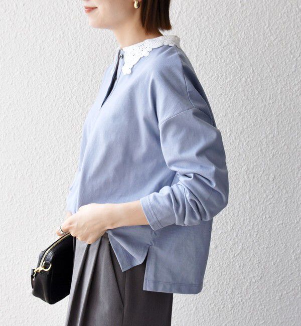 SHIPS any「《予約》SHIPS any:〈洗濯機可能〉レース カラー ロングスリーブ ポロ プルオーバー」|Tシャツ・カットソー|