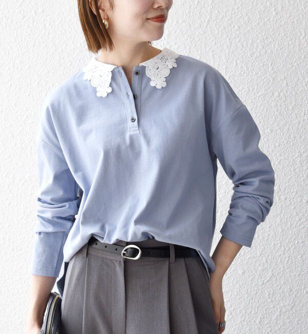 SHIPS any「《予約》SHIPS any:〈洗濯機可能〉レース カラー ロングスリーブ ポロ プルオーバー」|Tシャツ・カットソー|