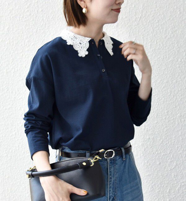 SHIPS any「《予約》SHIPS any:〈洗濯機可能〉レース カラー ロングスリーブ ポロ プルオーバー」|Tシャツ・カットソー|