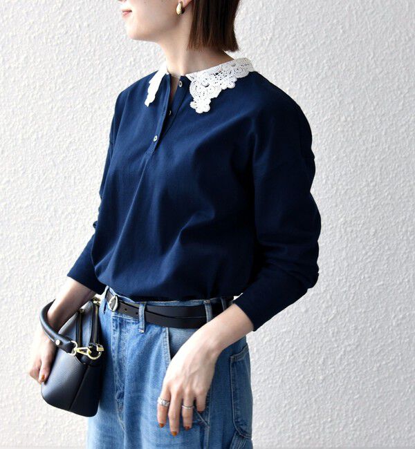 SHIPS any「《予約》SHIPS any:〈洗濯機可能〉レース カラー ロングスリーブ ポロ プルオーバー」|Tシャツ・カットソー|