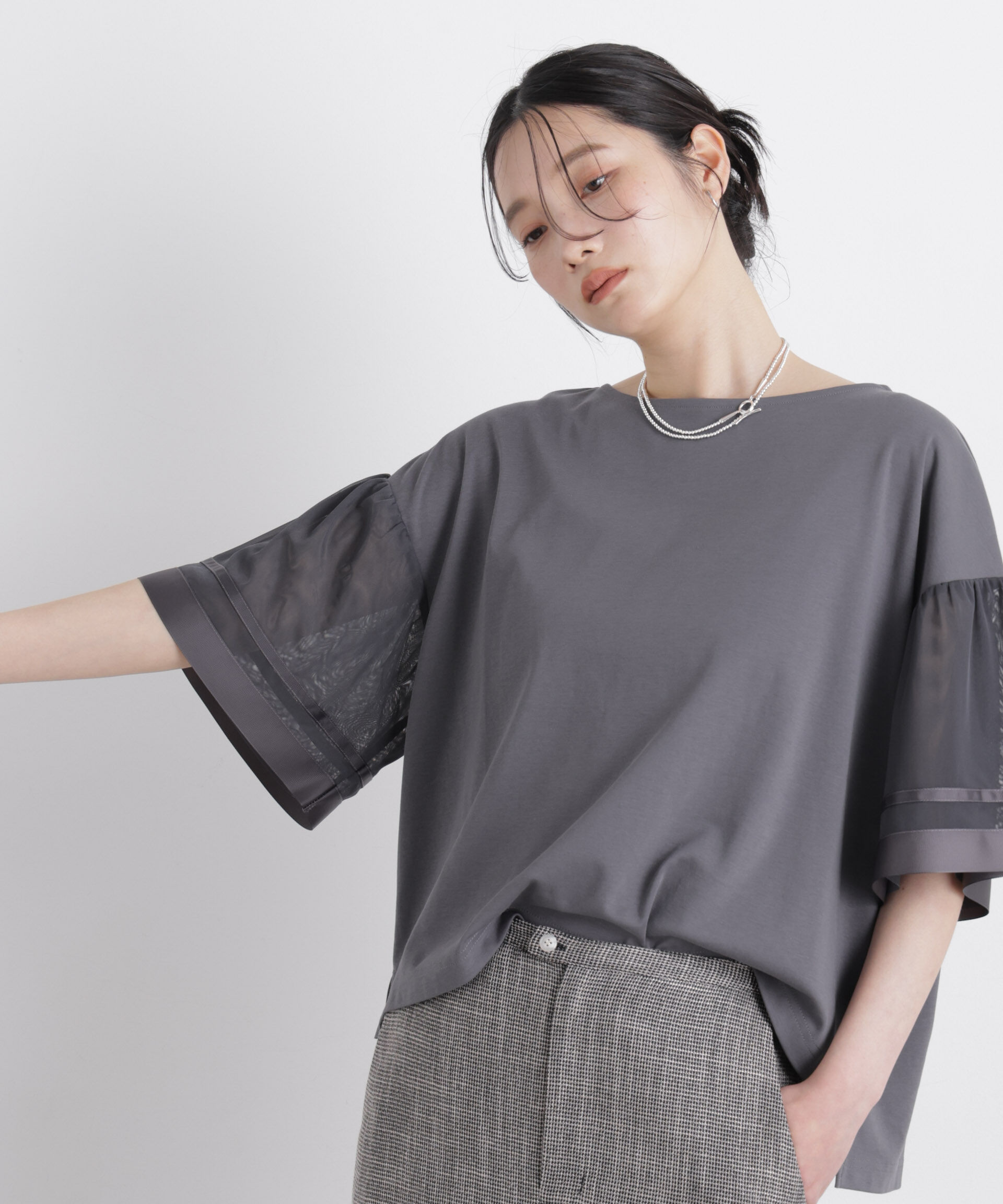 NANO universe「チュールスリーブスムースカットソー」|Tシャツ・カットソー|グレー