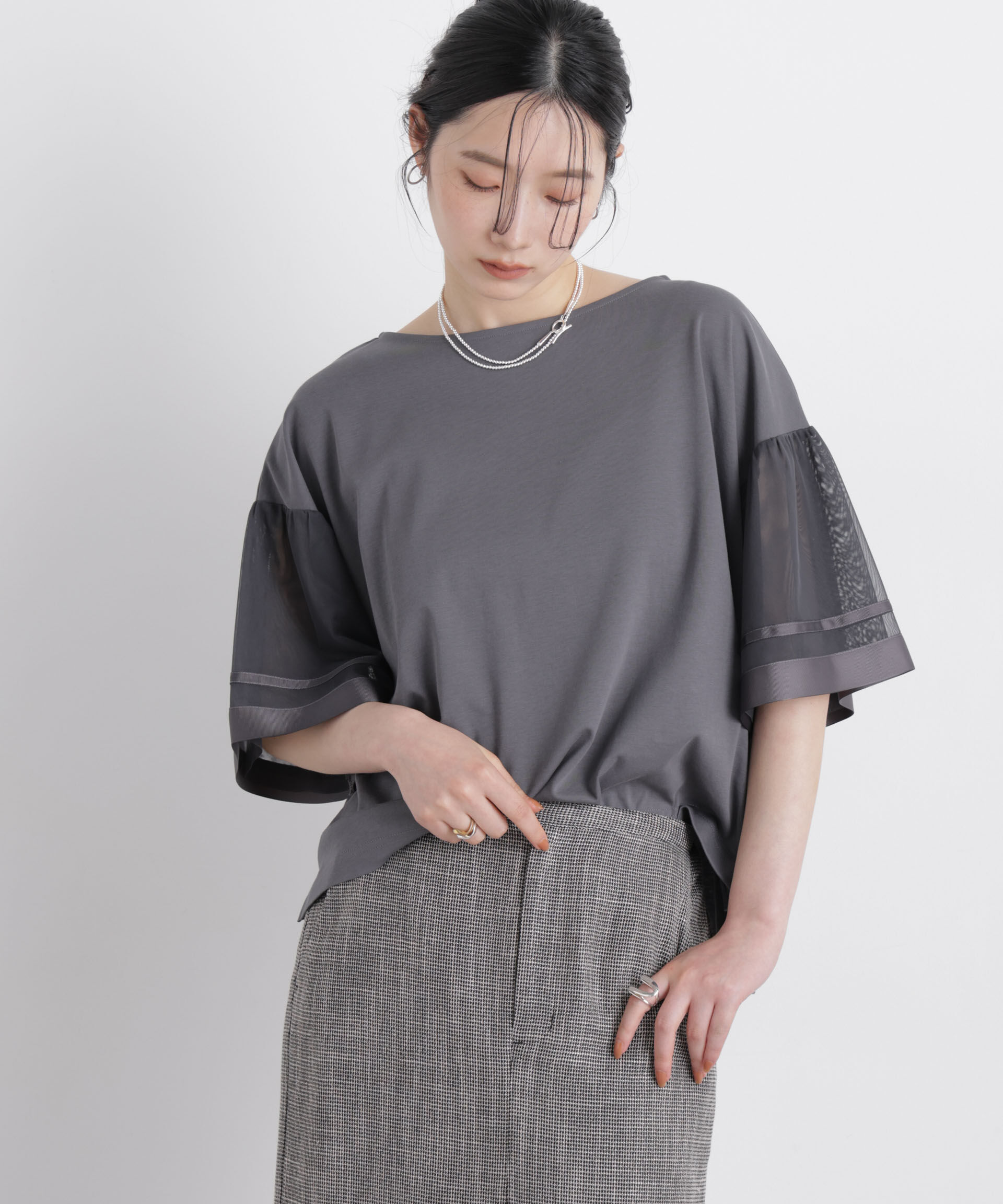 NANO universe「チュールスリーブスムースカットソー」|Tシャツ・カットソー|