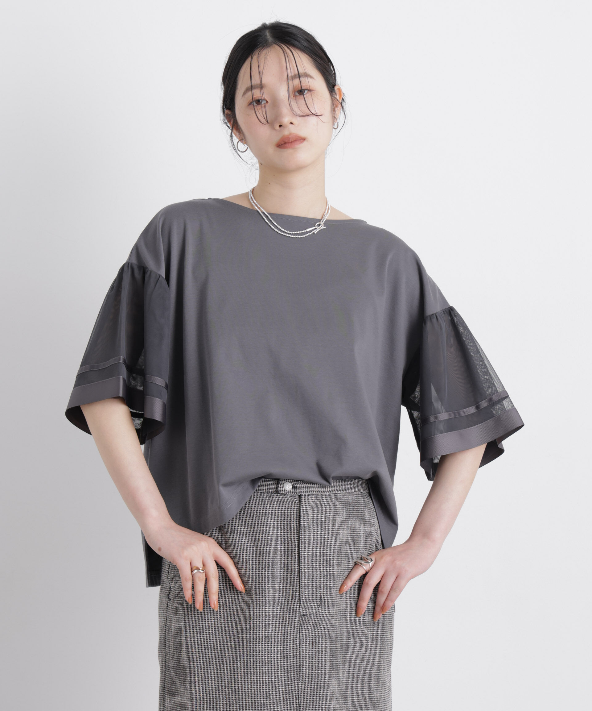 NANO universe「チュールスリーブスムースカットソー」|Tシャツ・カットソー|