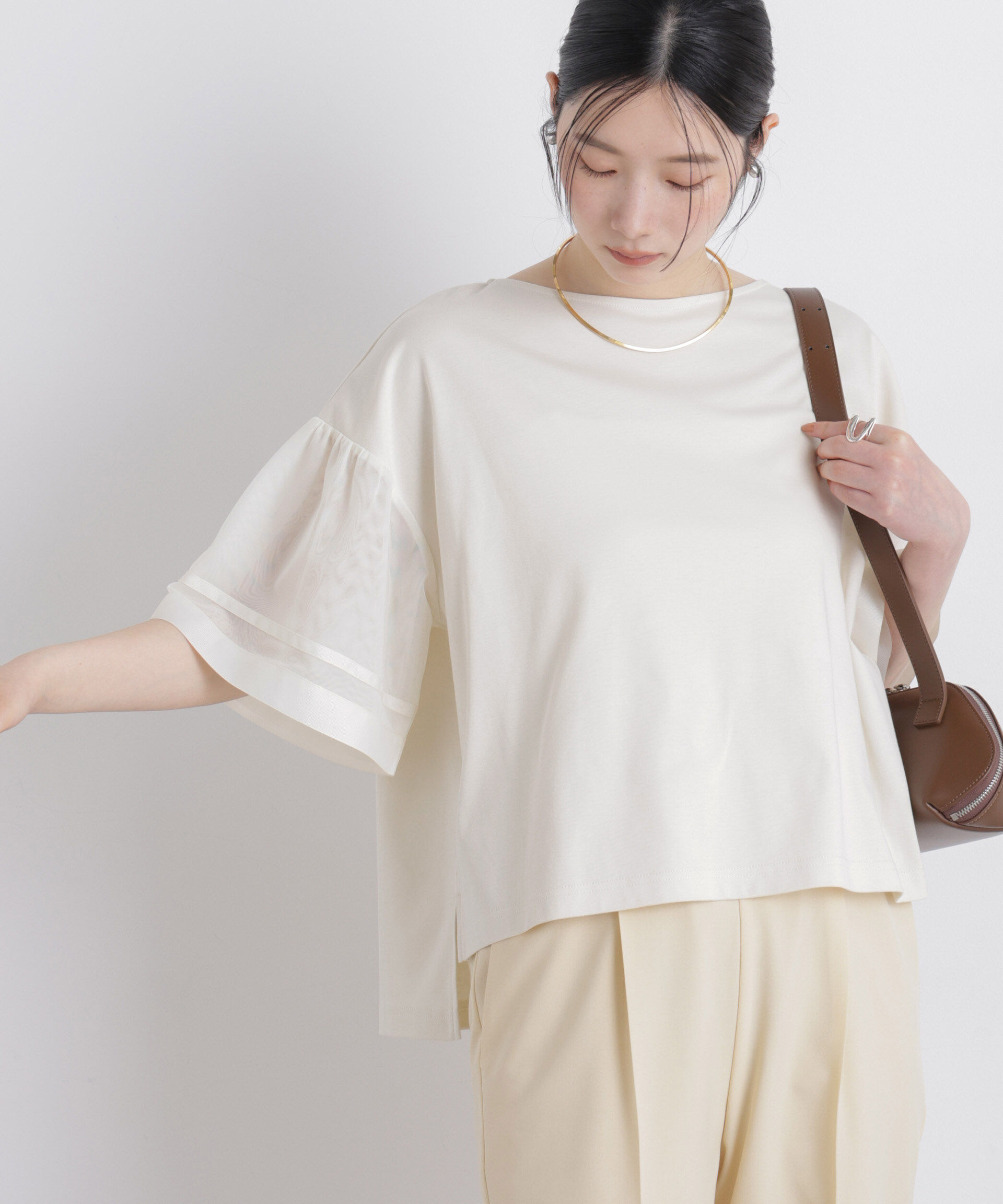 NANO universe「チュールスリーブスムースカットソー」|Tシャツ・カットソー|