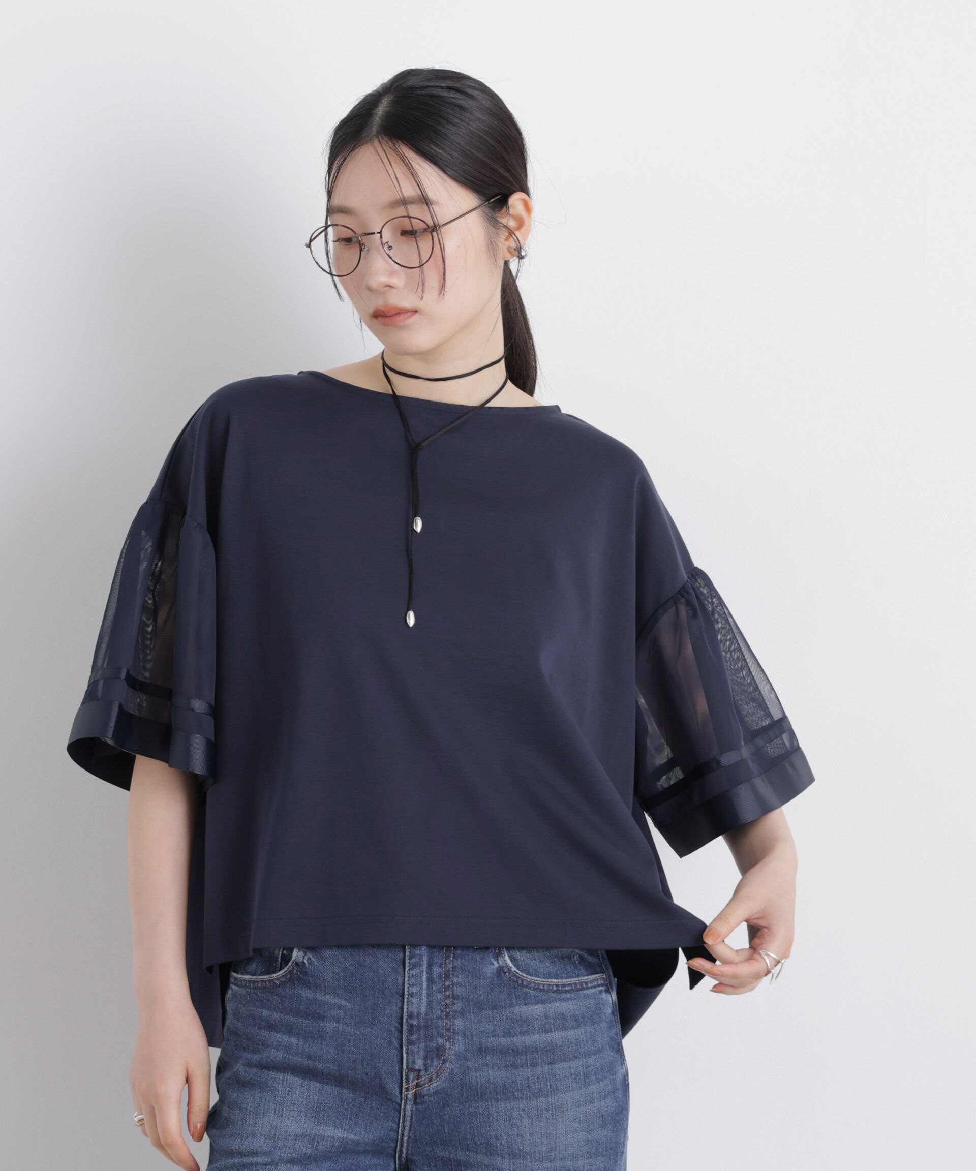 NANO universe「チュールスリーブスムースカットソー」|Tシャツ・カットソー|ネイビー