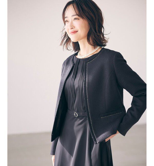 ANY SIS「リップルボーダーストレッチ ノーカラージャケット」|ノーカラージャケット|ネイビー