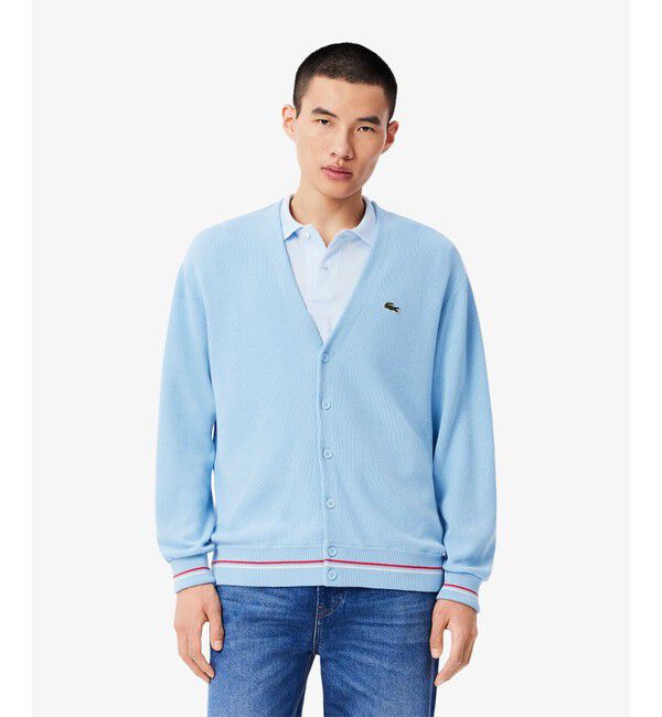 LACOSTE「リブニットステッチコットンニットカーディガン」|カーディガン|ライトブルー