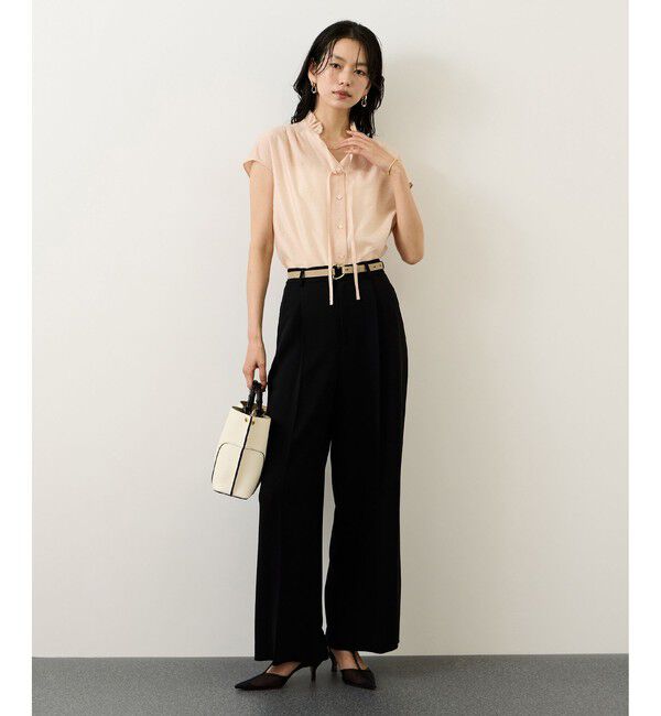ROPE「【WEB限定カラー】スタンドフリルスキッパーブラウス(無地・ピンストライプ)/イージーケア」|シャツ・ブラウス|