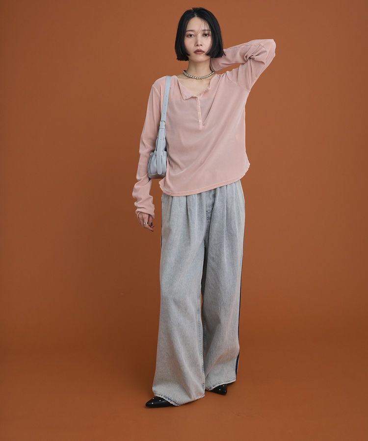 Green Parks「配色ラインデニムワイドパンツ」|デニム|