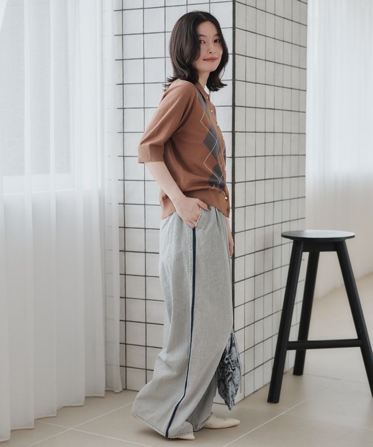 Green Parks「配色ラインデニムワイドパンツ」|デニム|