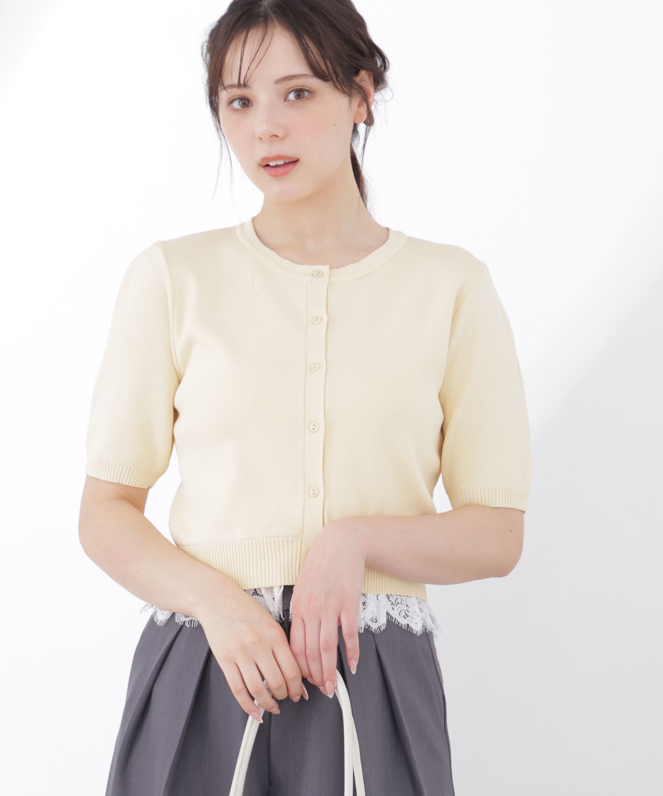 PROPORTION BODY DRESSING「レーストリムショートカーディガン」|カーディガン|イエロー