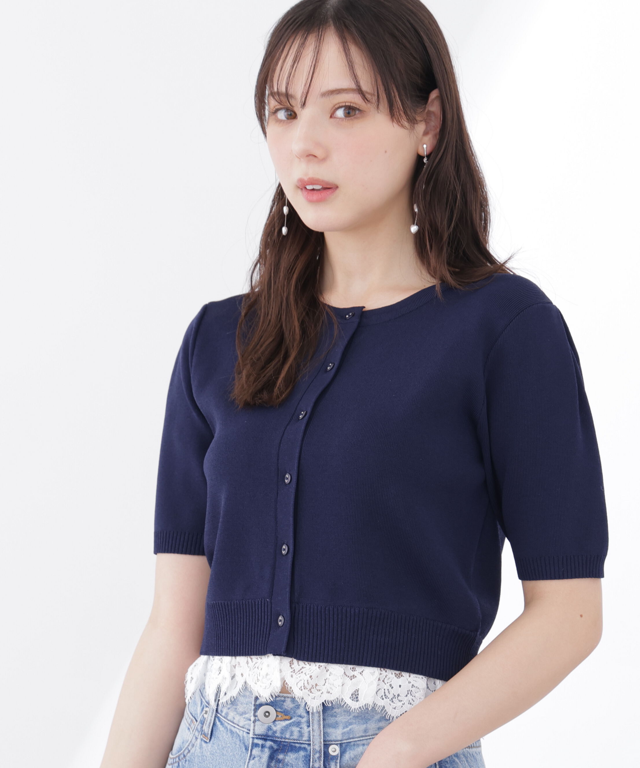 PROPORTION BODY DRESSING「レーストリムショートカーディガン」|カーディガン|ネイビー