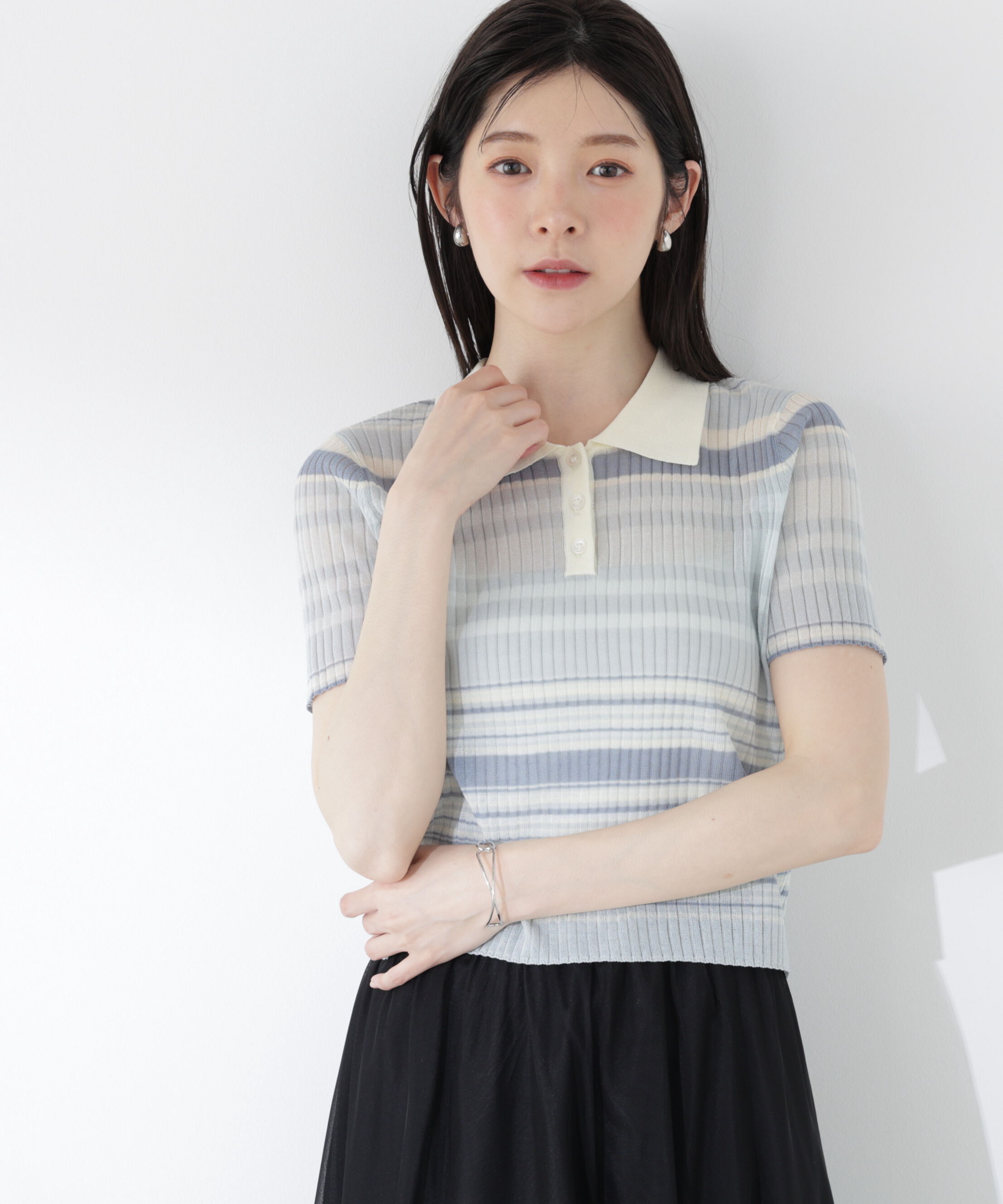 PROPORTION BODY DRESSING「〈a/mie〉ソフトシアーポロ衿ニットトップス26SS」|カーディガン|
