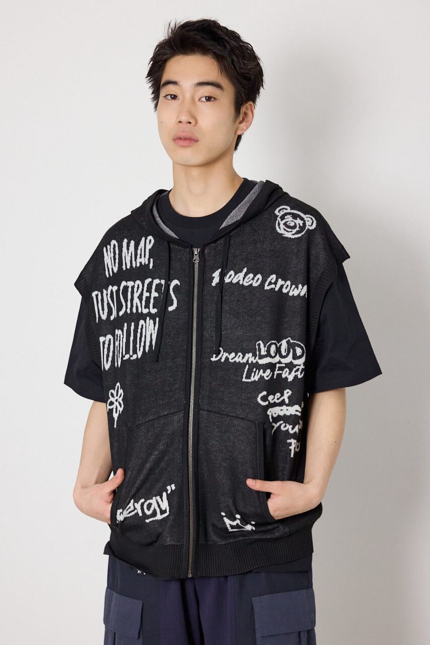 RODEO CROWNS「ノースリーブラクガキニットZIPパーカー」|パーカー|BLK