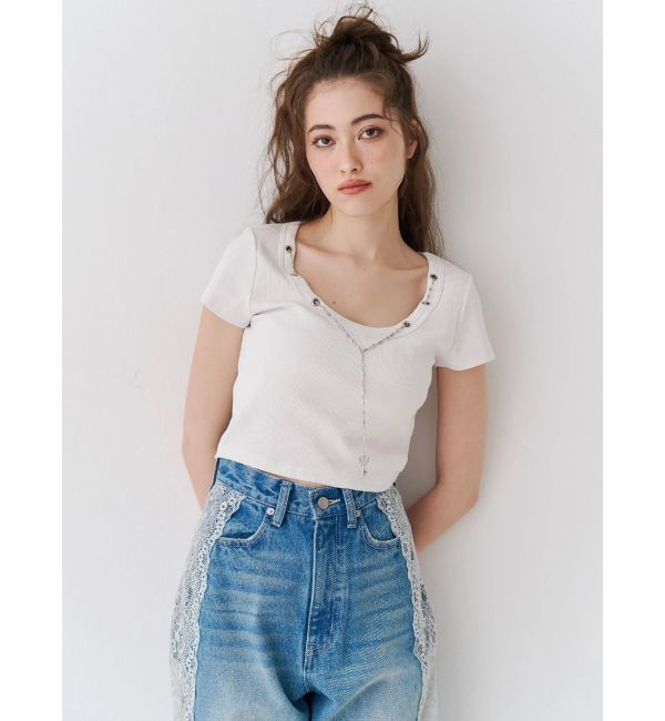 EVRIS「ネックレスフレンチスリーブショートトップス」|Tシャツ・カットソー|