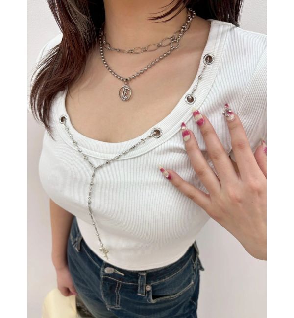 EVRIS「ネックレスフレンチスリーブショートトップス」|Tシャツ・カットソー|