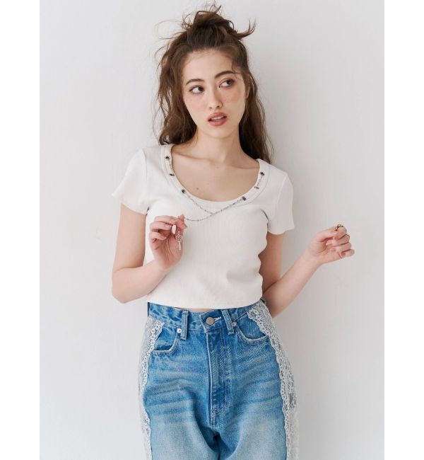 EVRIS「ネックレスフレンチスリーブショートトップス」|Tシャツ・カットソー|