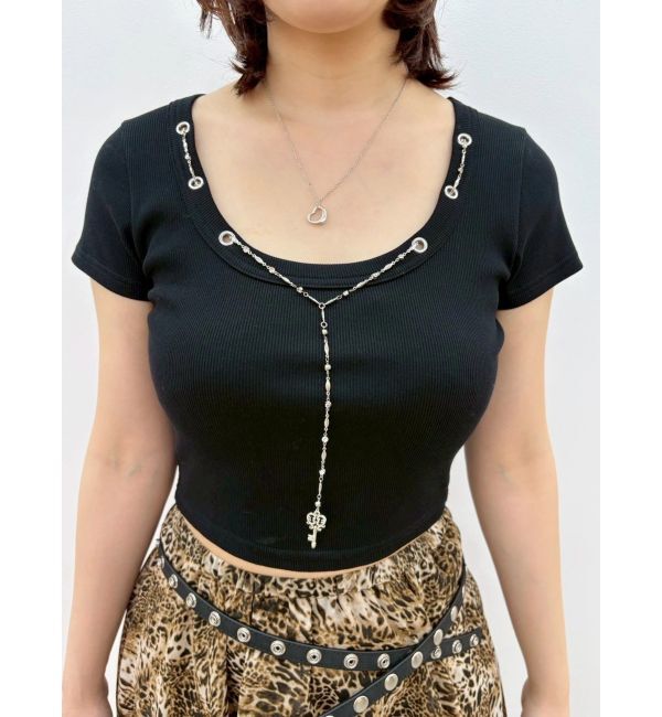 EVRIS「ネックレスフレンチスリーブショートトップス」|Tシャツ・カットソー|