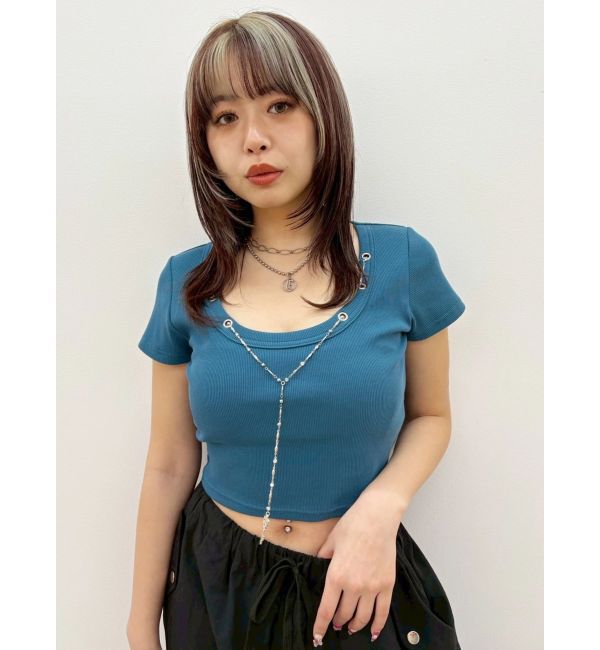 EVRIS「ネックレスフレンチスリーブショートトップス」|Tシャツ・カットソー|ブルー