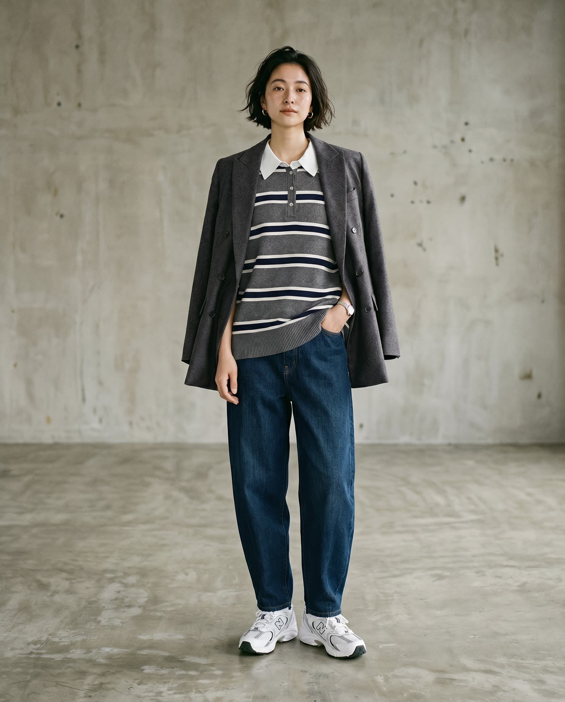STYLE DELI「【BLK001】シャツ襟半袖ポロニット」|Tシャツ・カットソー|グレーボーダー