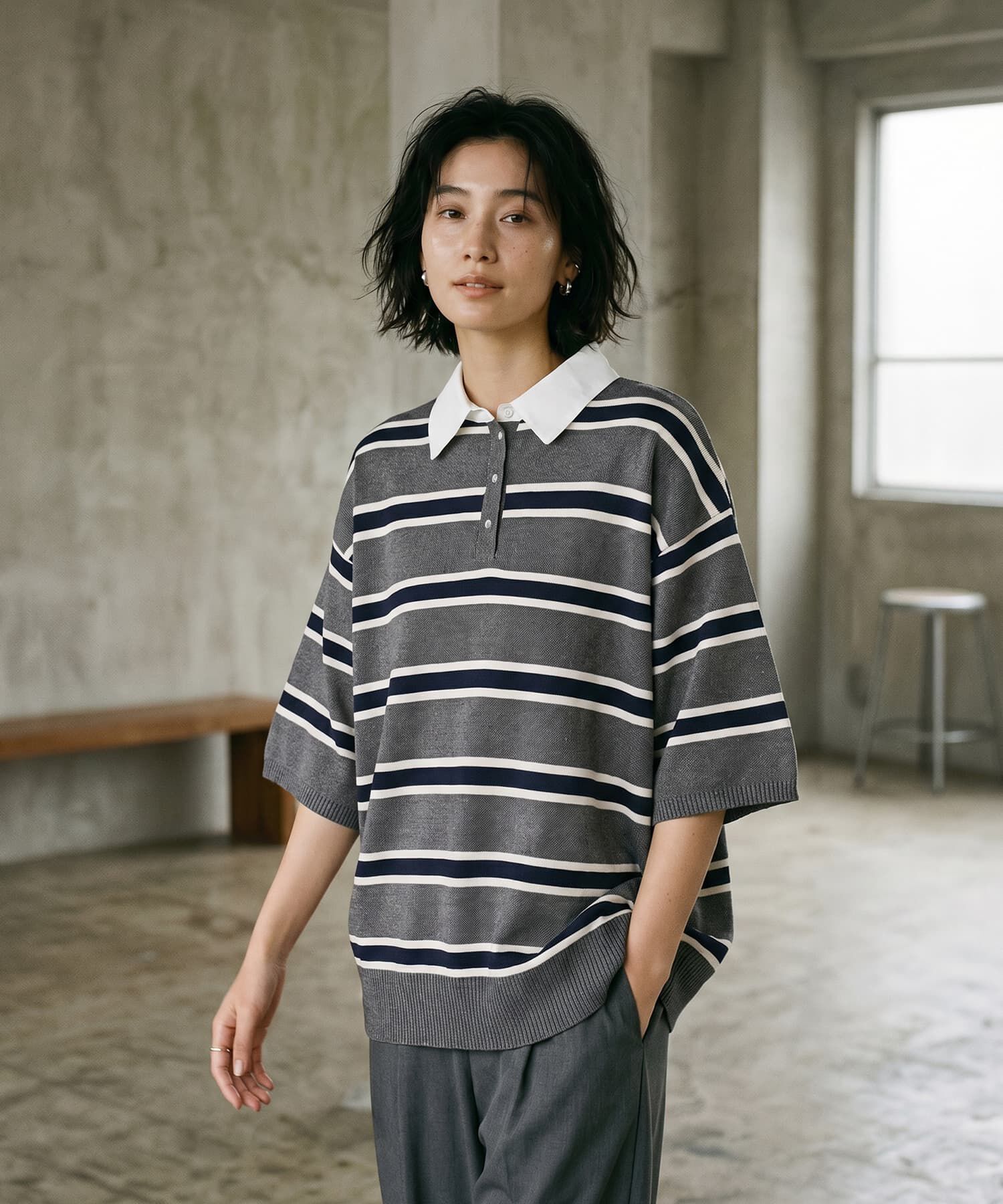 STYLE DELI「【BLK001】シャツ襟半袖ポロニット」|Tシャツ・カットソー|