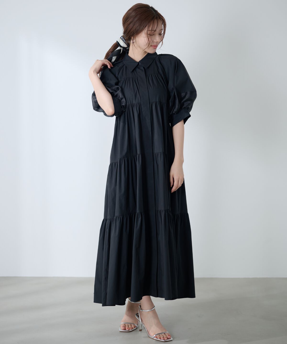 アンドクチュール「袖シアーシャツワンピース」|ワンピース|ブラック