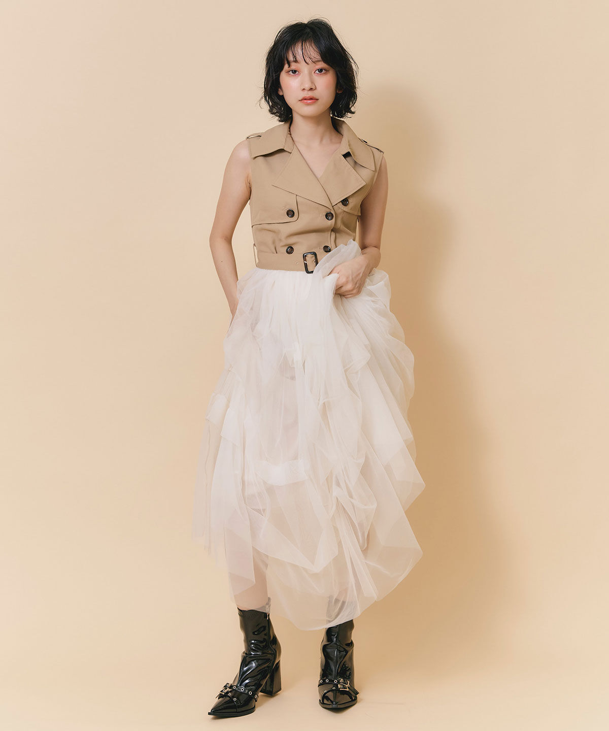 REDYAZEL「トレンチライクチュールドッキングティアードロングワンピース」|ワンピース|