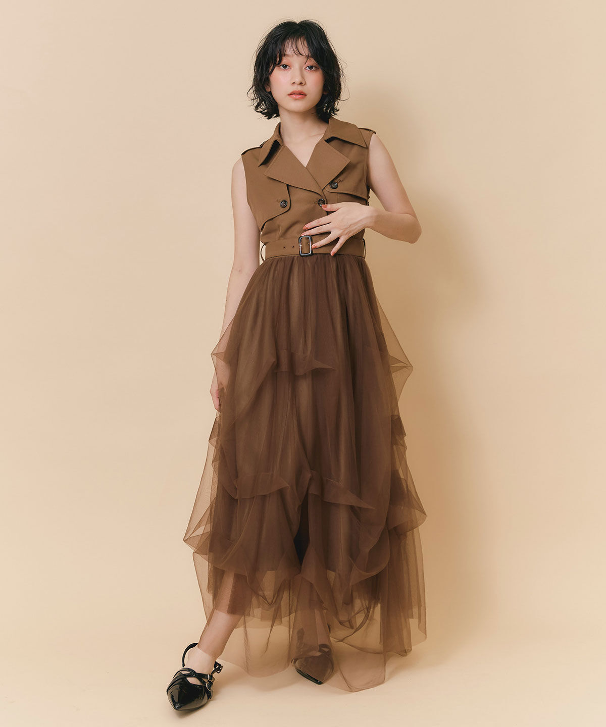 REDYAZEL「トレンチライクチュールドッキングティアードロングワンピース」|ワンピース|