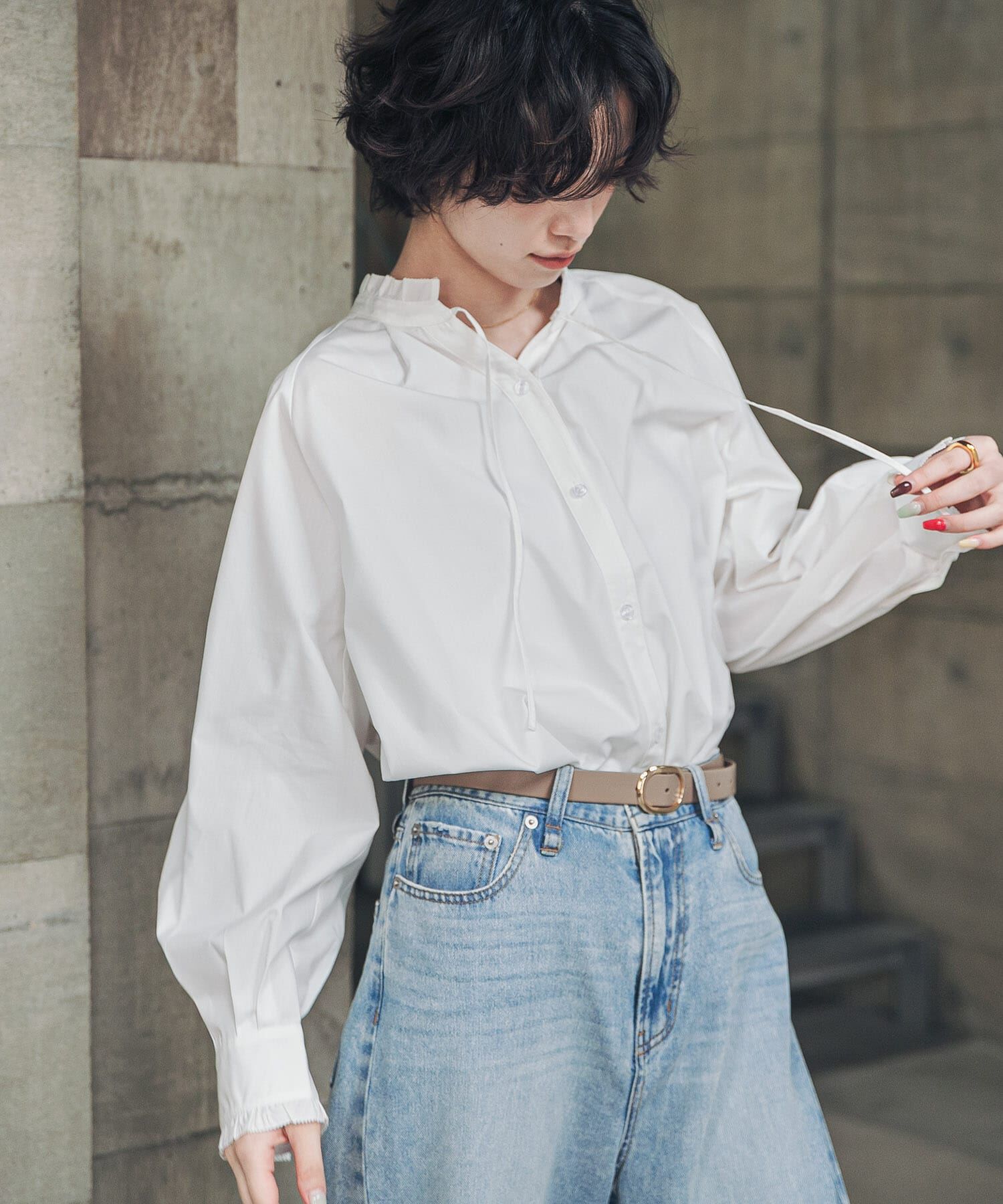 URBAN RESEARCH DOORS「『速乾/イージーケア/UVカット』『UR TECH』Aircareフリルネックブラウス」|シャツ・ブラウス|