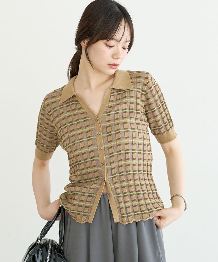 earth music&ecology「チェックポロカラーニットカーディガン」|カーディガン|Beige
