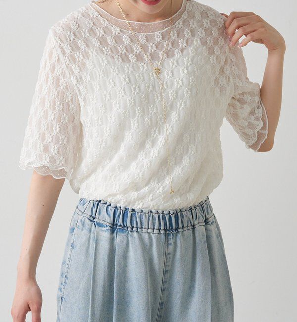  「ストレッチレース&times;ドットチュールTシャツ」|Tシャツ・カットソー|