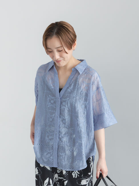 Te chichi「カットワーク刺繍5分袖スキッパーシャツ」|シャツ・ブラウス|サックスブルー