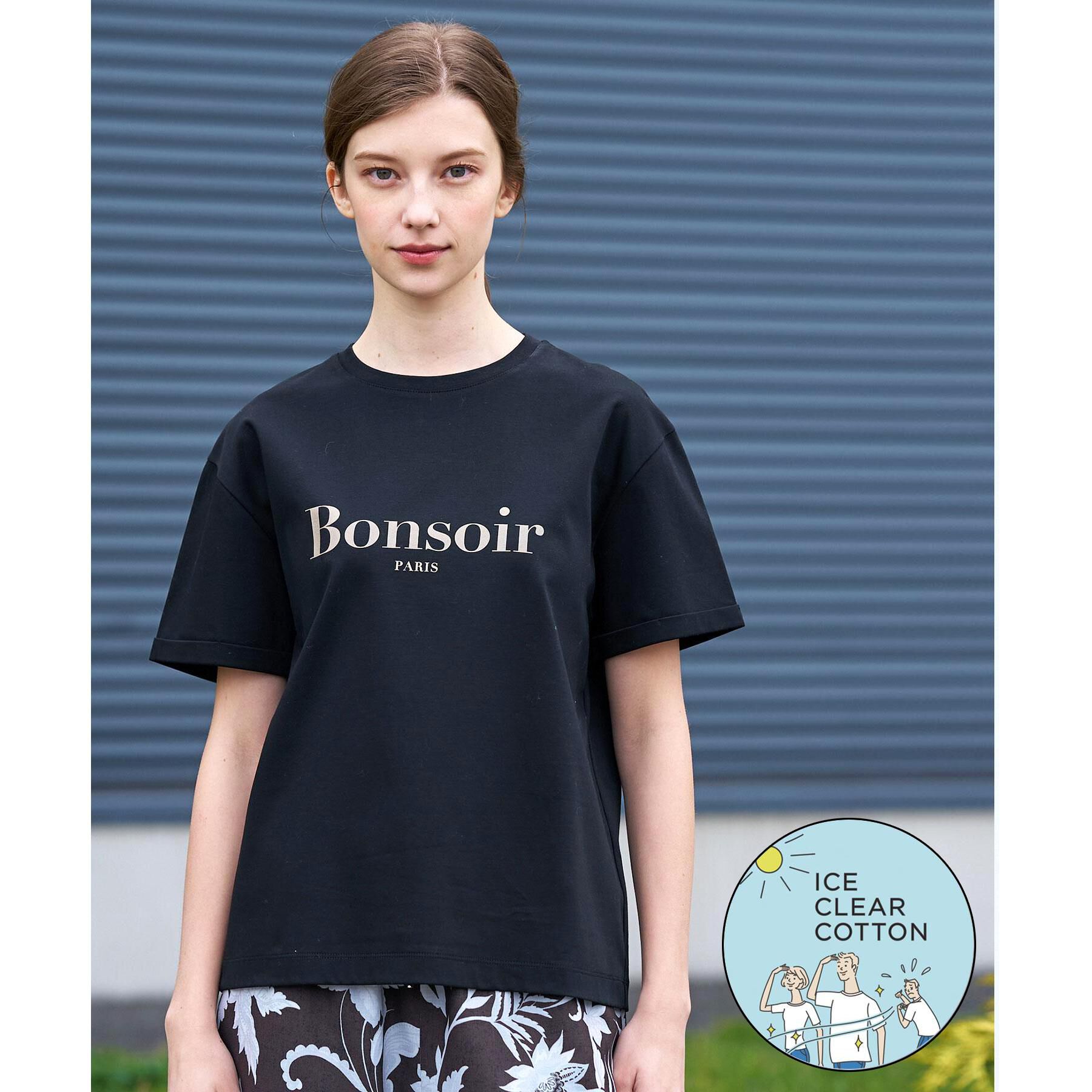 DRESSTERIOR「【接触冷感／抗菌防臭／消臭】アイスクリアコットン Bonsoir ロゴTシャツ」|Tシャツ・カットソー|ブラック(019)
