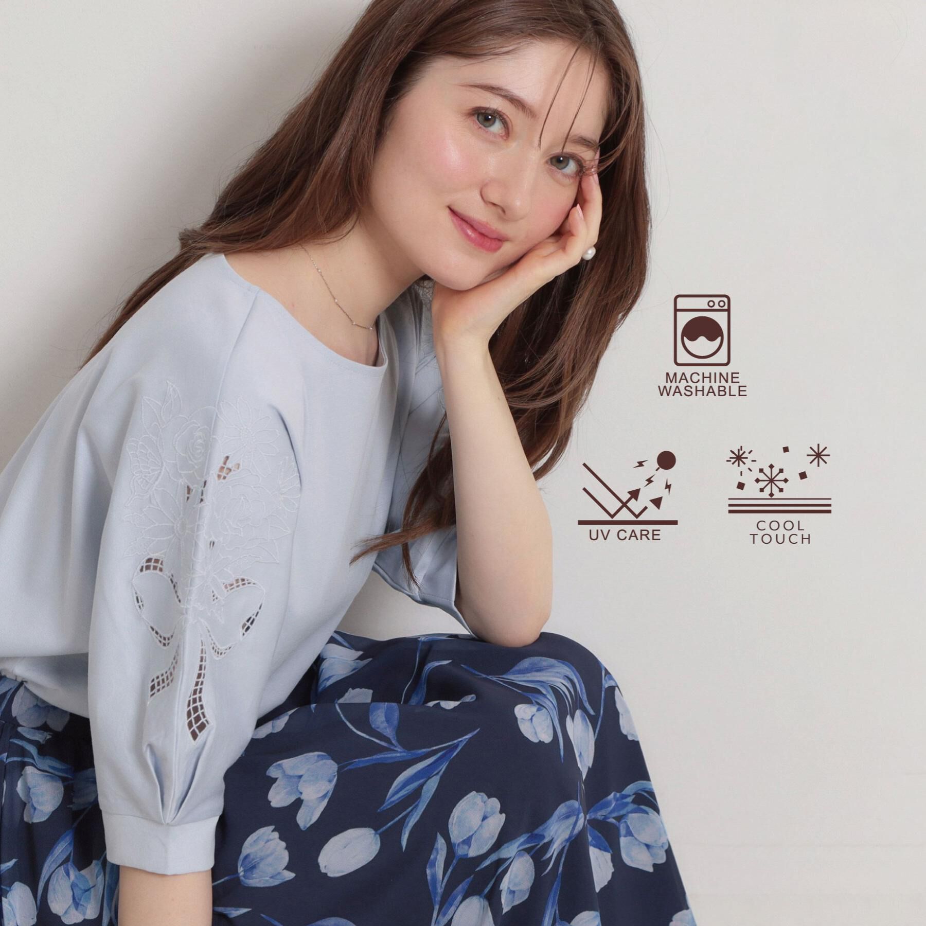 Couture broach「【接触冷感・UVカット】エンブロドルマントップス」|Tシャツ・カットソー|サックスブルー(09