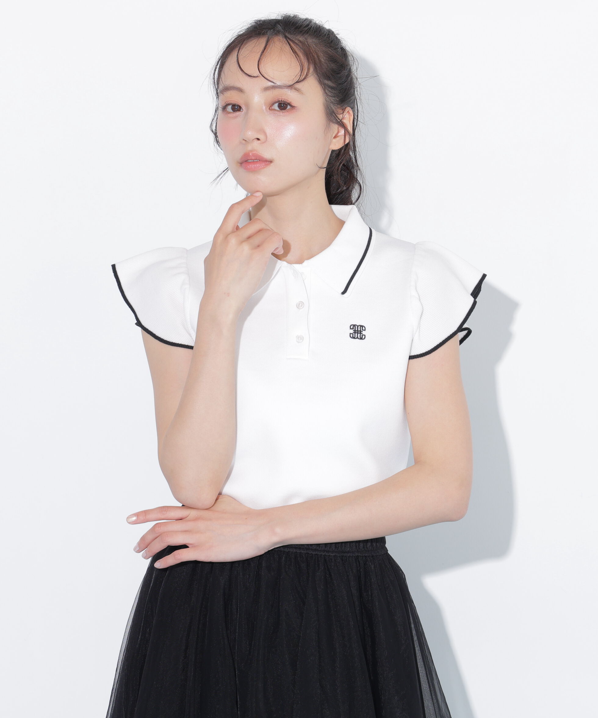  「＜WEB限定カラーあり＞フリル袖ポロニット」|ニット・セーター|ホワイト