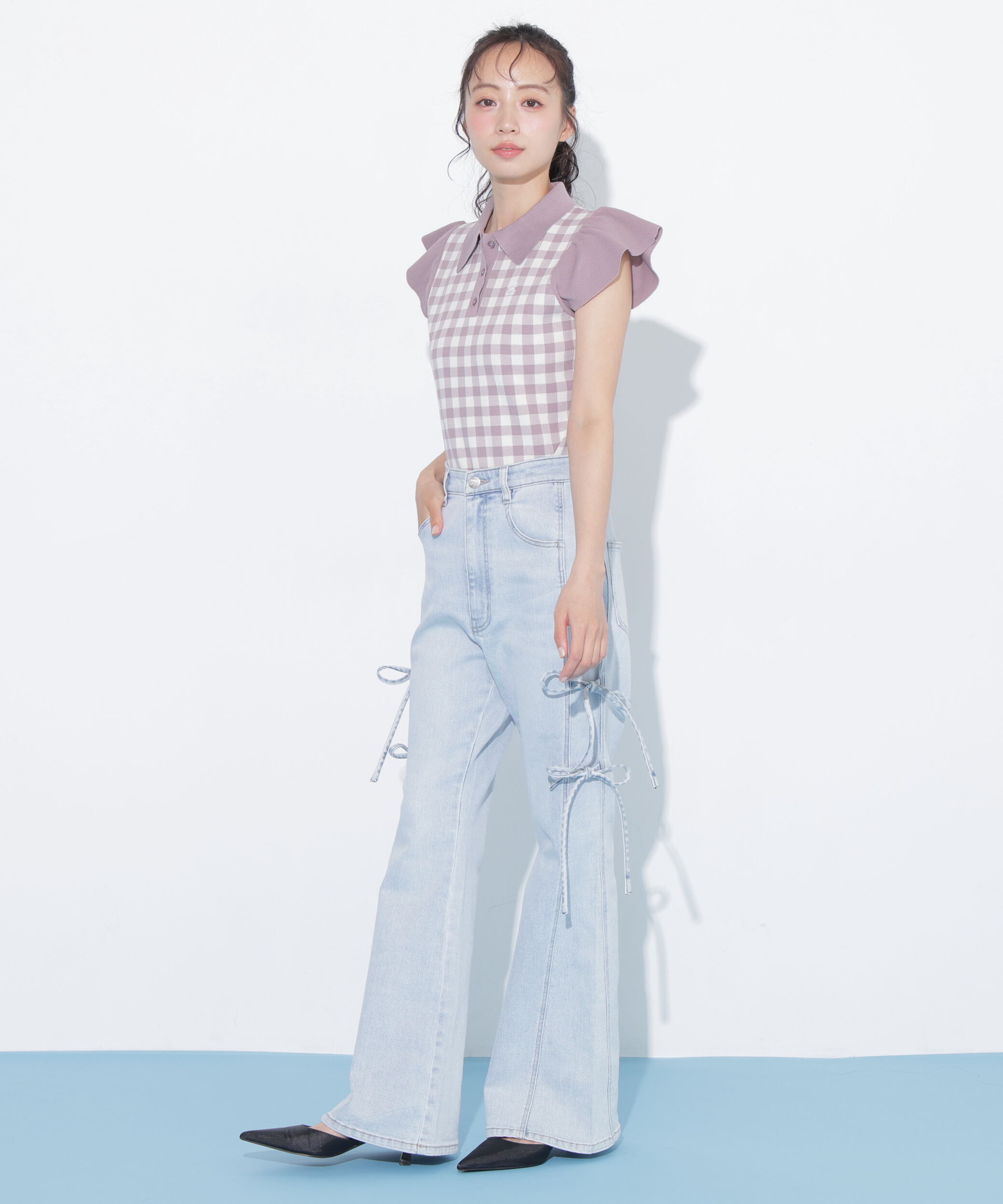  「＜WEB限定カラーあり＞フリル袖ポロニット」|ニット・セーター|