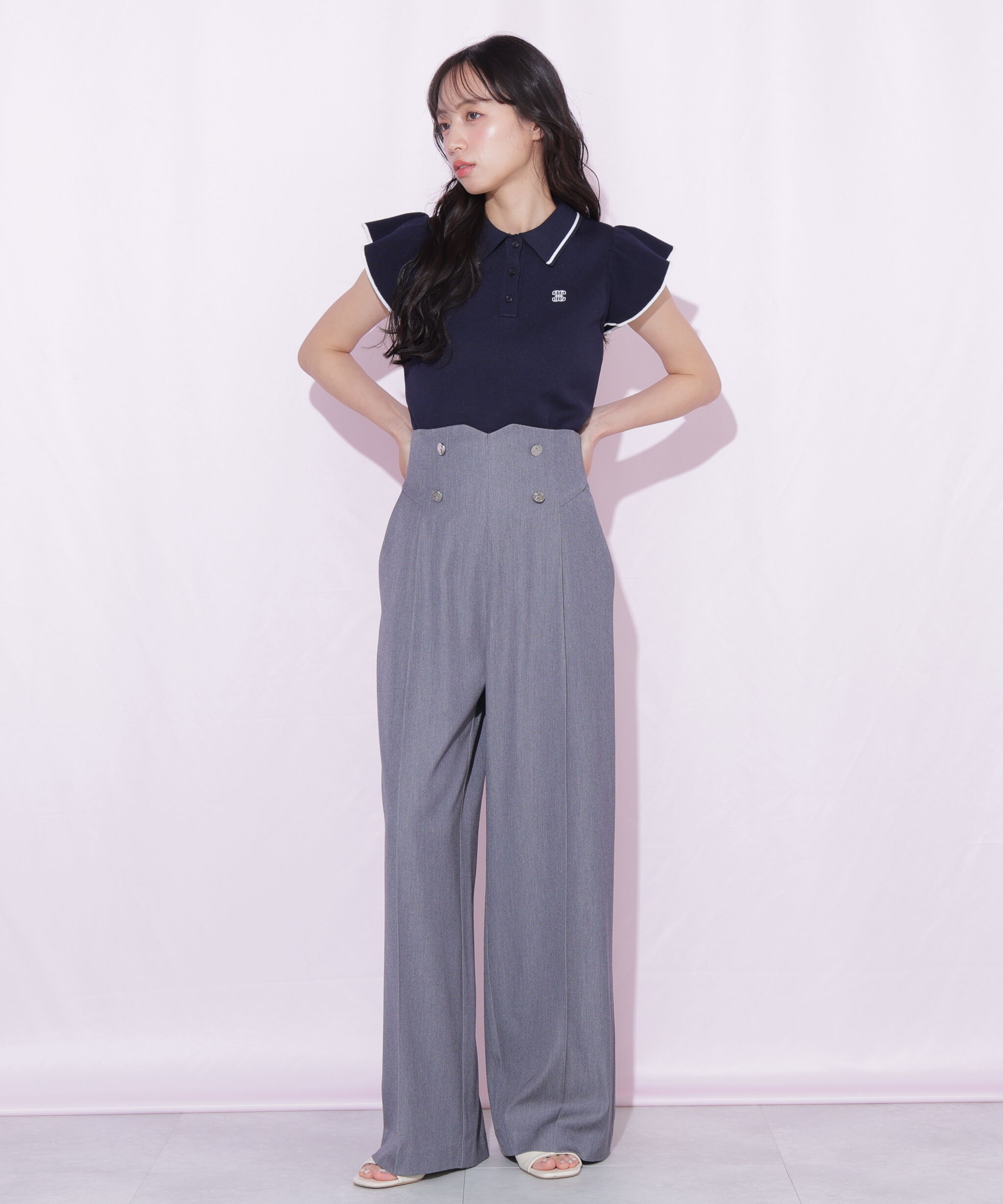  「＜WEB限定カラーあり＞フリル袖ポロニット」|ニット・セーター|