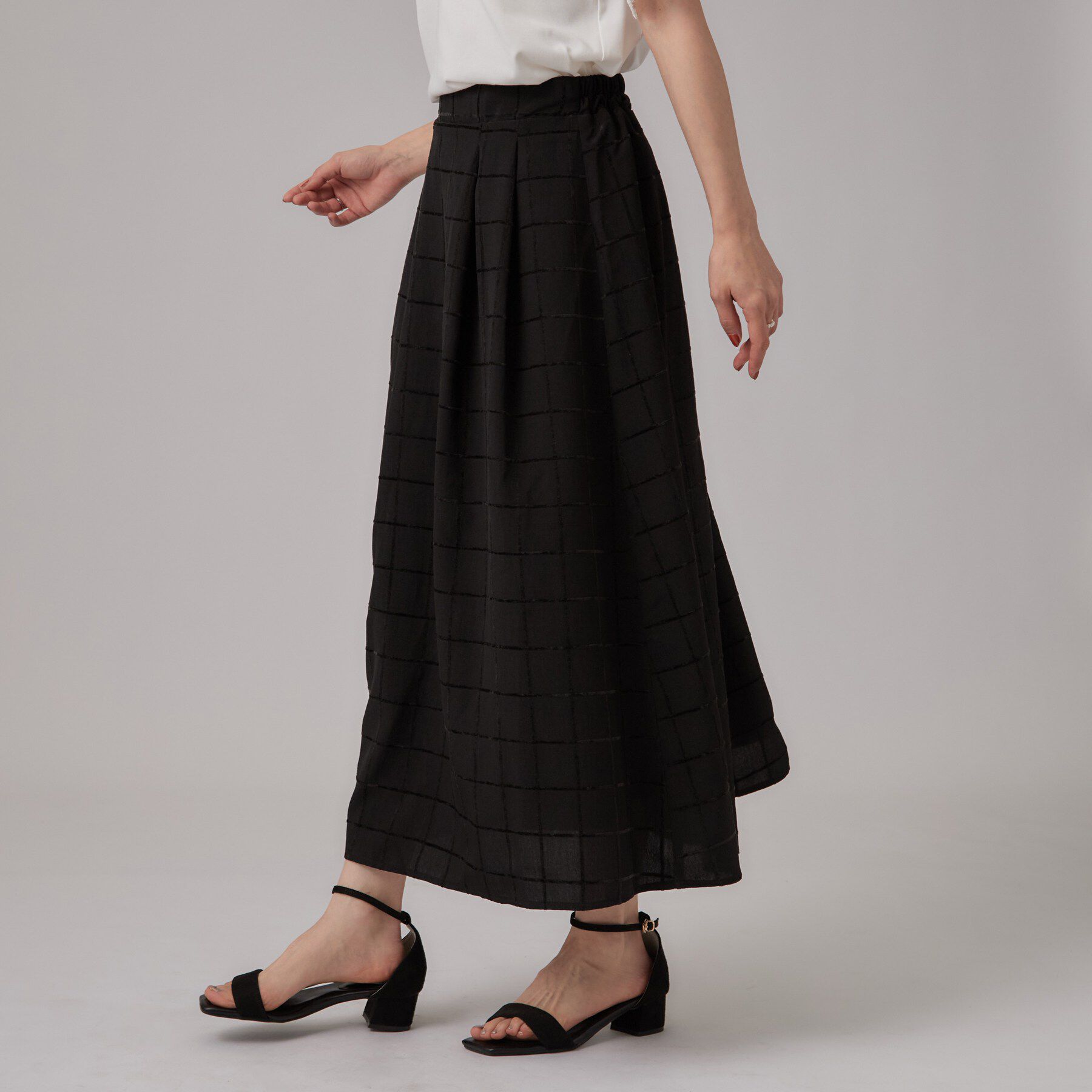 SHOO･LA･RUE「【セットアップ可/S-LL】モールチェックで上品に タックフレアスカート」|スカート|