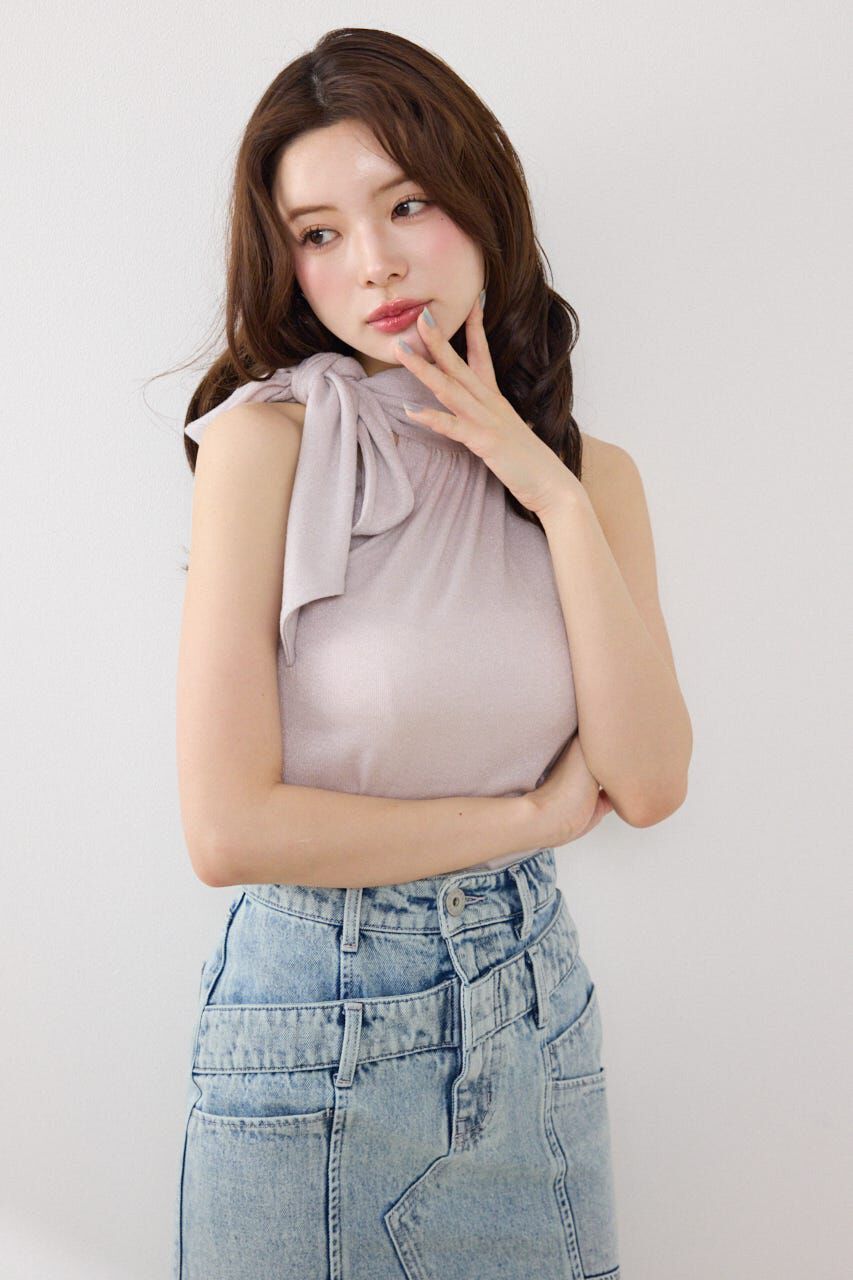 rienda「ラメフライスリボンネックトップス」|Tシャツ・カットソー|