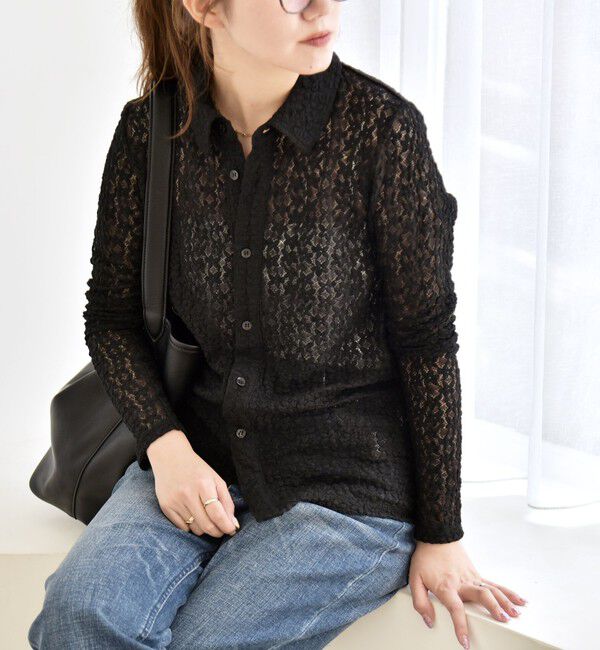 quaranciel「quaranciel:〈手洗い可能〉フラワー レース ストレッチ レギュラーカラー シャツ カットソー」|Tシャツ・カットソー|