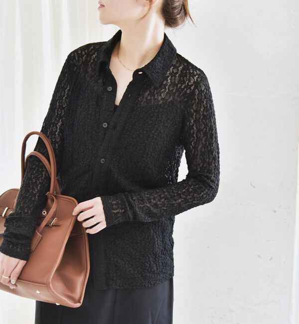 quaranciel「quaranciel:〈手洗い可能〉フラワー レース ストレッチ レギュラーカラー シャツ カットソー」|Tシャツ・カットソー|