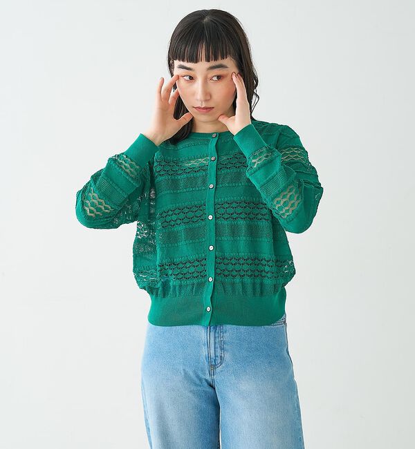 collex「レーシー柄クルーネックニットカーディガン」|カーディガン|グリーン