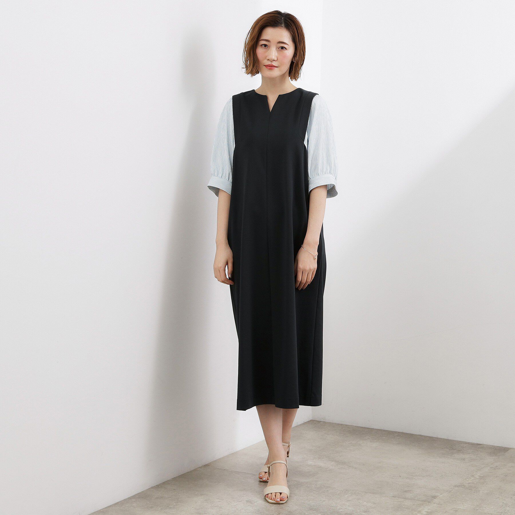grove「高評価！【体型カバー/洗える】袖布帛ポンチワンピース」|ワンピース|