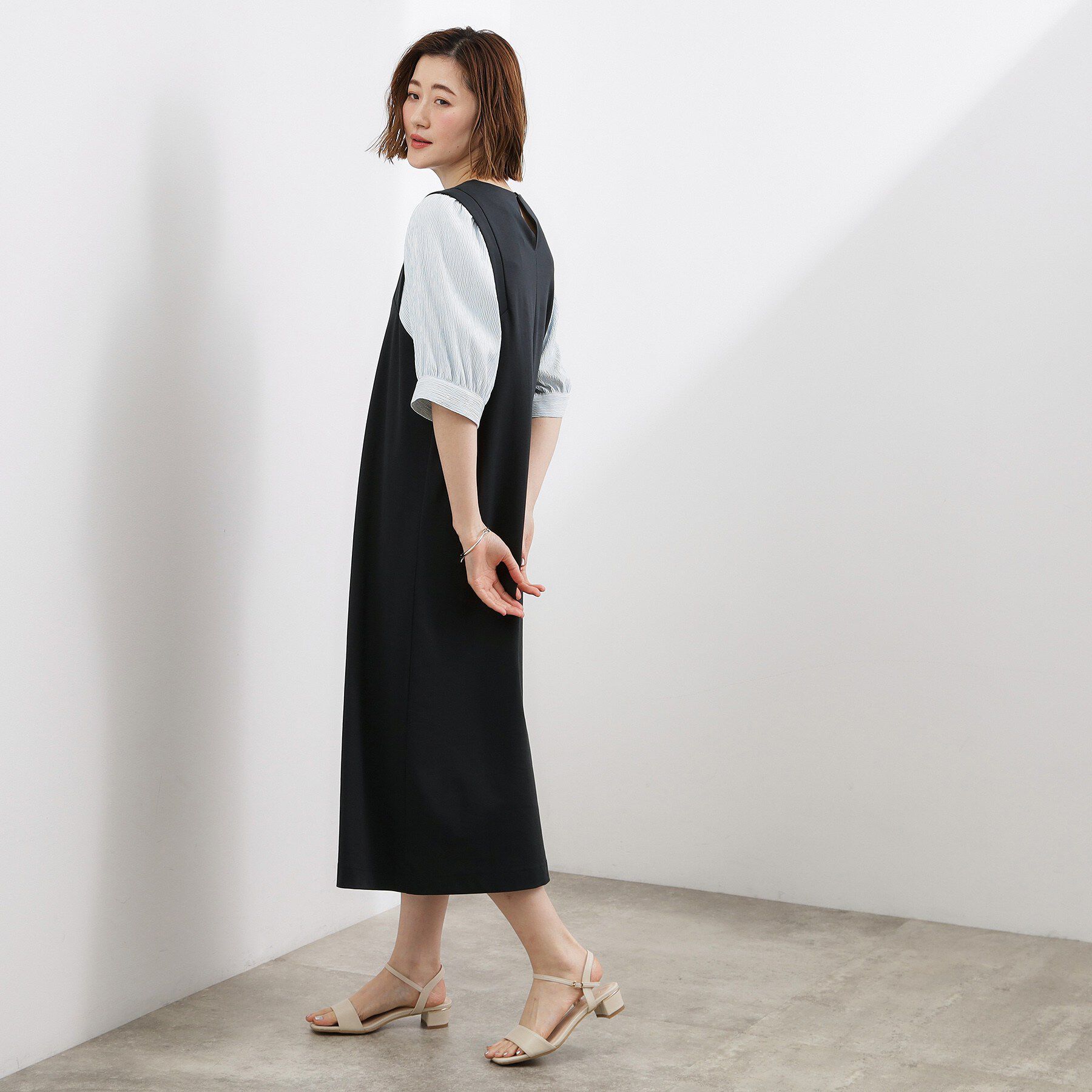 grove「高評価！【体型カバー/洗える】袖布帛ポンチワンピース」|ワンピース|
