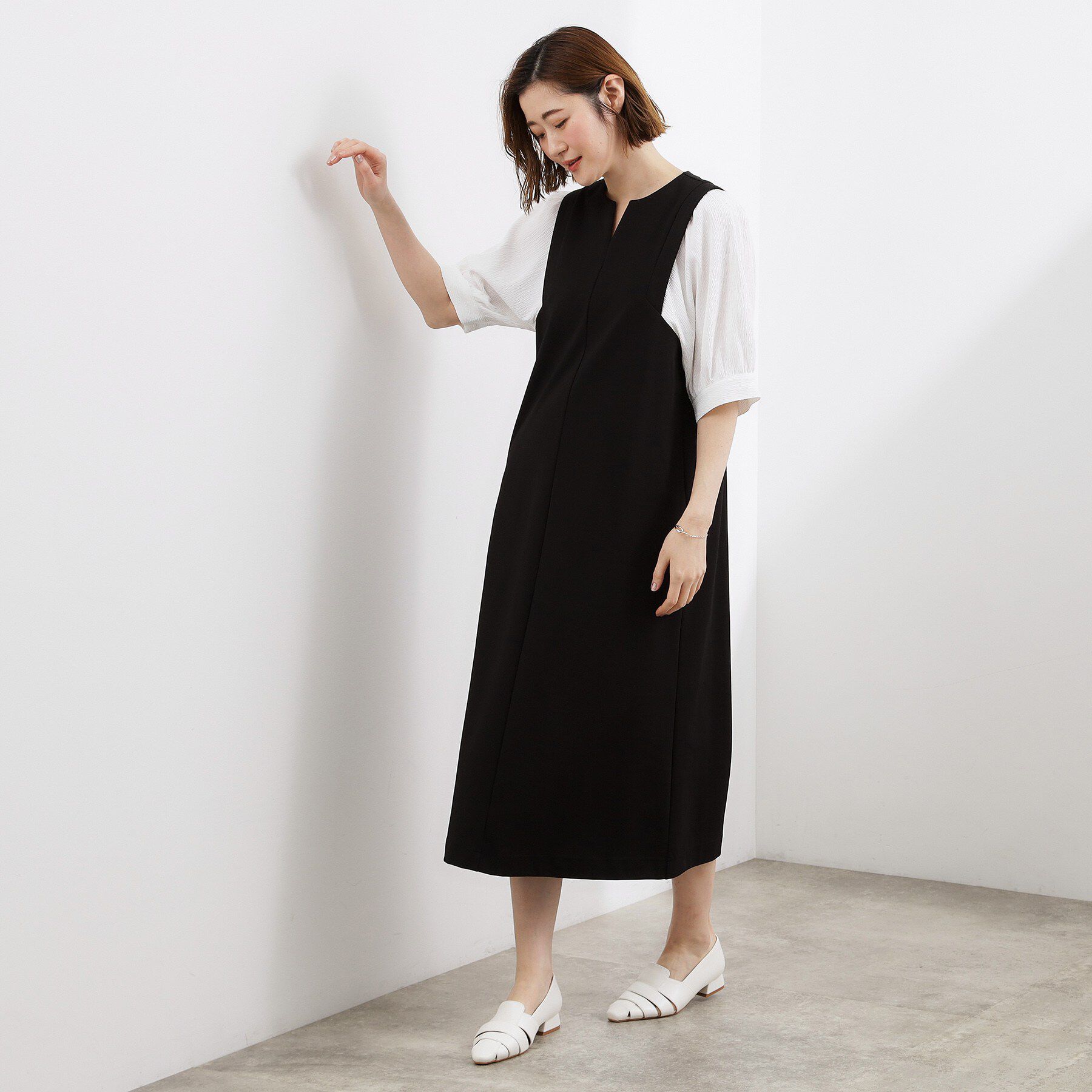 grove「高評価！【体型カバー/洗える】袖布帛ポンチワンピース」|ワンピース|