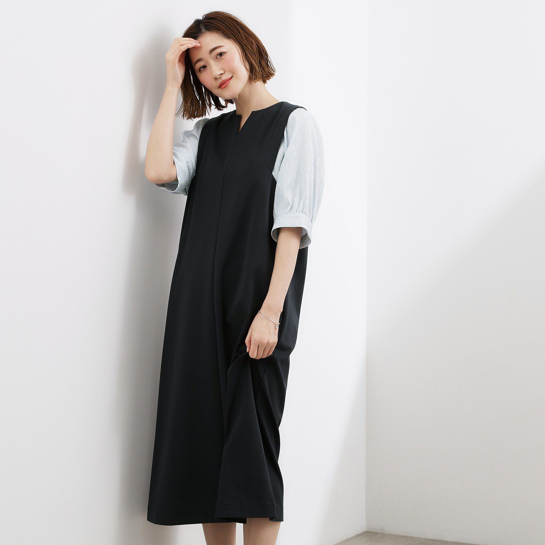 grove「高評価！【体型カバー/洗える】袖布帛ポンチワンピース」|ワンピース|ネイビー&times;ストライプ