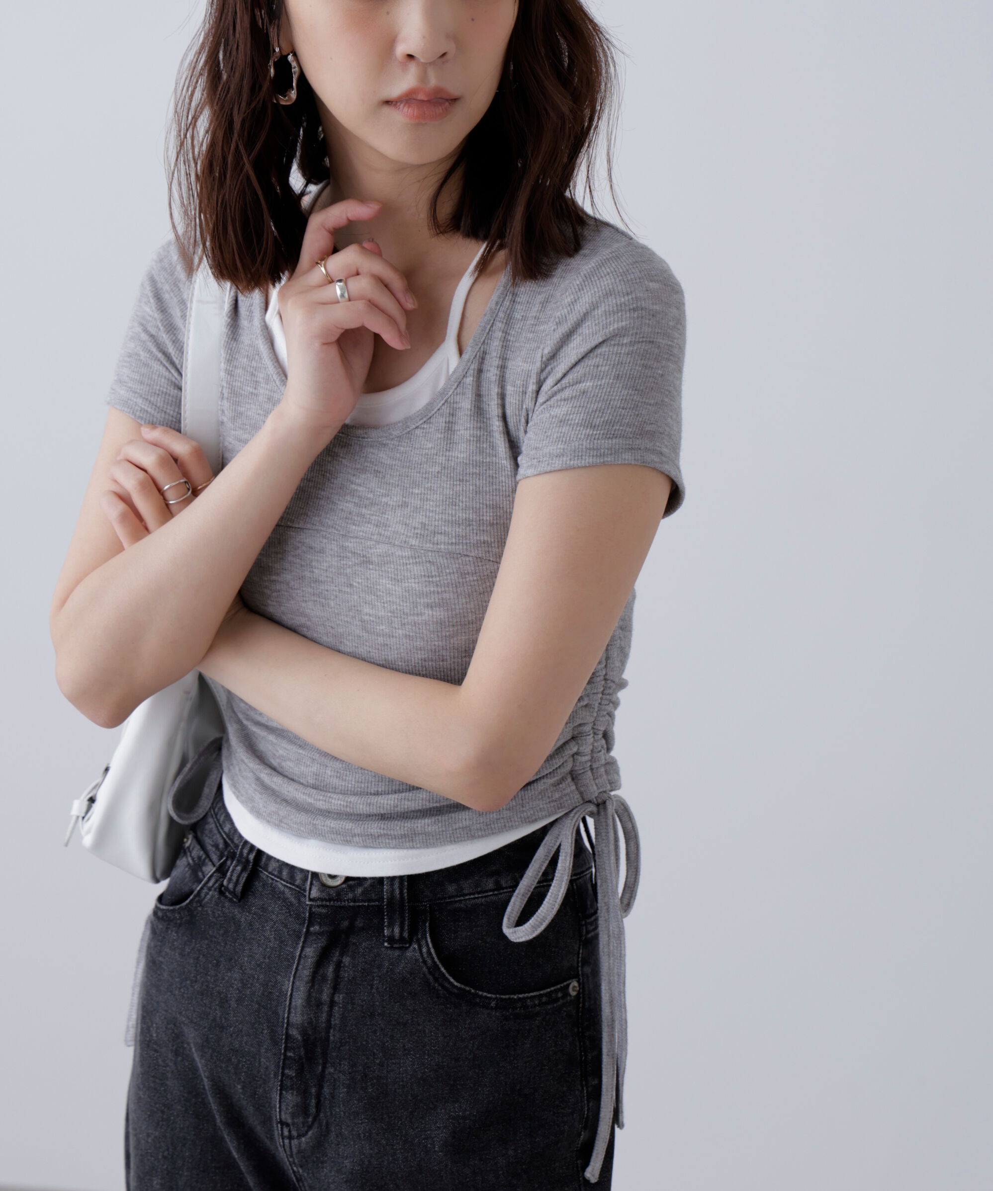  「ホルターネックレイヤードサイドドロスト半袖カットソー」|Tシャツ・カットソー|